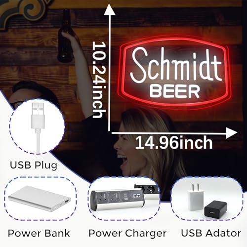 Image of Beer Neon Schmidt Sign for Wall Decor, Dimmable USB Powered Bar Neon Sign for Man Cave, Home Bar, Pub, Party, Vintage Beer Neon Wall Light for Home Decoration