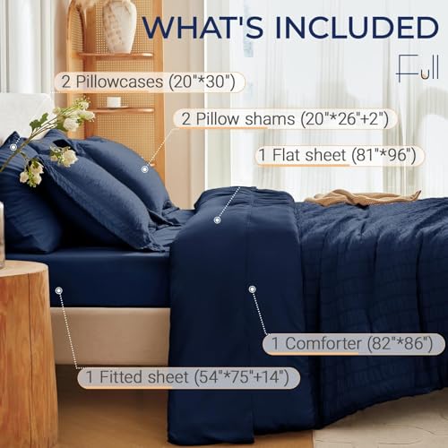 Image of MUXHOMO 7 Pieces Full Comforter Set, Seersucker Bed in a Bag Full Size, All Season Luxury Bedding Set with Comforter, Flat Sheet, Fitted Sheet, Pillowcases & Shams, Navy Blue