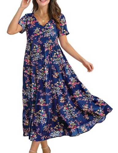 Image of YESNO Women's Summer Maxi Dresses Casual Floral Short Sleeve V Neck Boho Beach Vacation Swing Dress with Pockets EVF