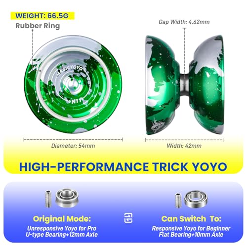 Image of MAGICYOYO N11 Professional Unresponsive Yoyo for Adults & Kids | Dual Purpose Alloy Trick YoYo Ball with Bag, Glove, 12 Yoyo Strings and Responsive Bearing Kit (Dark & Light Green Silver)