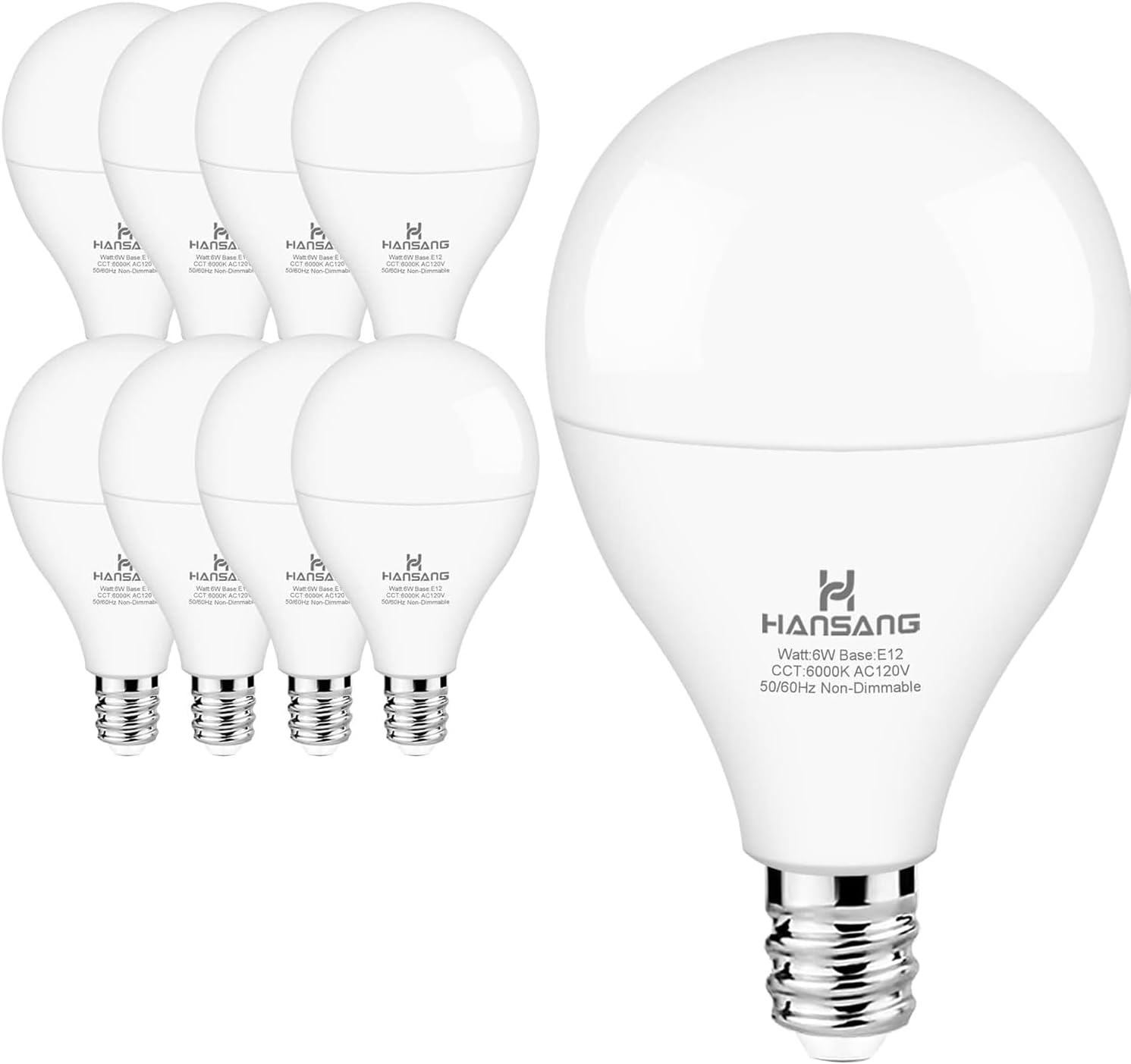 hansang 8 Pack Ceiling Fan Light Bulbs E12 Base, 60Watt Equivalent, 6000K Cool Daylight, A15 Small Candelabra Base Chandelier Bulbs, 600LM, 120V, CRI 85+, Non-dimmable