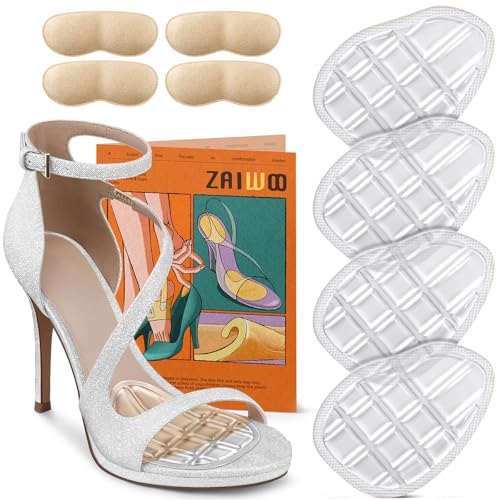 ZAIWOO Metatarsal Pads Women, Ball of Foot Cushions, High Heel Inserts, All Day Pain Relief and Comfort, No Slip Heel Grips Liners Shoe Pads for Loose Shoe(Clear)