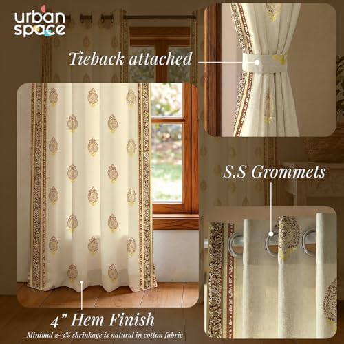 Image of Urban Space 100% Cotton Curtains with Gold Foil Print | Upto 60% Light Blocking Window Curtain 5 feet I Set of 2 Decorative Curtains with Eyelets and Tieback Included (Zari Buta Brown Gold - 5 feet)