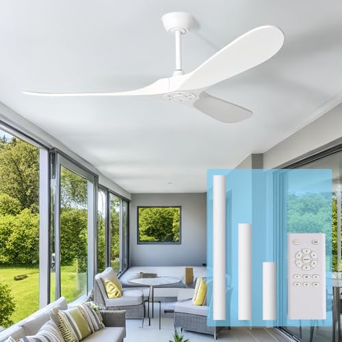 White Modern 72 Inch Outdoor Ceiling Fan with Remote, Wood 3 Blade High CFM Wet Rated Ceiling Fans for Patios Porch Gazebo -Propeller Ceiling Fan for Indoor Living Room Bedroom Kitchen