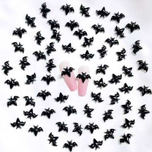 100Pcs Halloween Nail Charms and Gems Resin Black Bat Nail Rhinestones Horror Halloween Bats Nail Jewelry Flat Back Holiday Nail Art Charms for Women Party Nail Decorations
