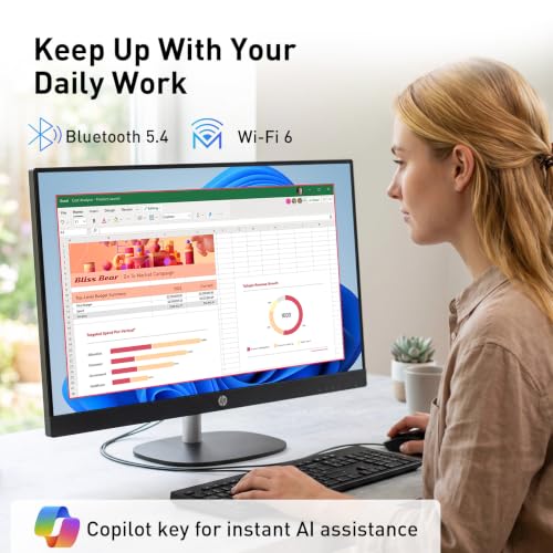 Image of HP Essential 27 inch FHD Touchscreen All-in-One, Intel Ultra 7 255U, Wi-Fi 6, Privacy Camera, Wired Keyboard and Mouse, Copilot AI, RJ-45, Win 11 Pro (Black, 64GB RAM | 2TB SSD)