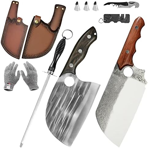 9/11pcs serbian chefs Knife Set - Hand Forged Boning Knife, High Carbon Steel Chef's Knife, Full Tang Bone Cleaver with Sheath, Serbian Cleaver for Outdoor Camping, BBQ, Kitchen (9)