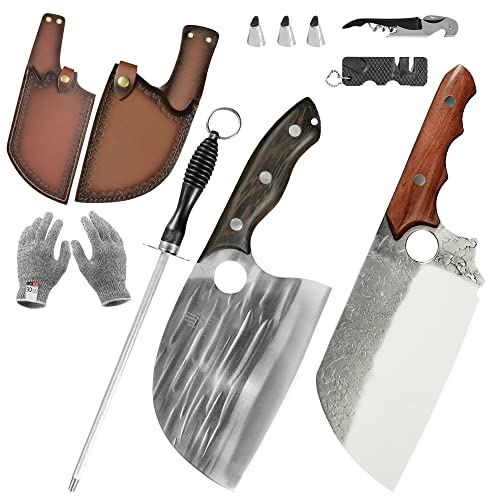9/11Pcs Serbian Chefs Knife Set - Hand Forged Boning Knife, High Carbon Steel Chef's Knife, Full Tang Bone Cleaver With Sheath, Serbian Cleaver For Outdoor Camping, Bbq, Kitchen (9) #TOP16