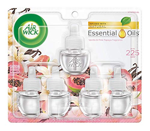 Air Wick plug in Scented Oil 5 Refills, Vanilla & Pink Papaya, (5x0.67oz), Essential Oils, Air Freshener, Packaging may vary,Vanilla & Pink Papaya