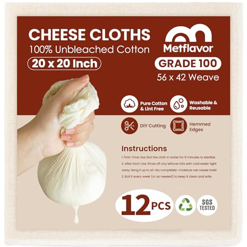 12Pcs Reusable Cheese Cloths 20X20 Inch, 100 Grade Cheesecloth Hemmed 4 Edges, 100% Unbleached Cotton Cheese Cloth Bag For Straining, Muslin Cloth Strainer For Baking, Juicing, Cheese, Crafts Making