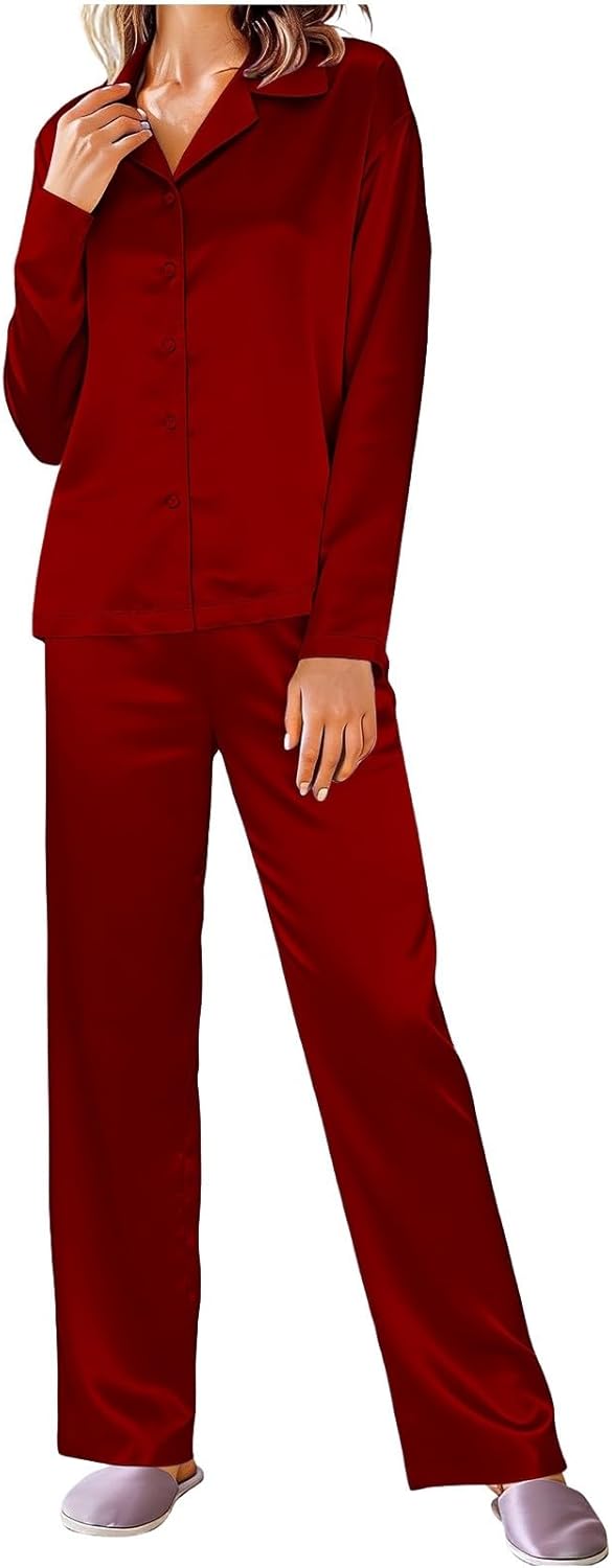 2 Piece Women Satin Pajamas Set, Silky Comfy Button Down Casual Loungewear Long Sleeve Loose Sleepwear Matching Pants Red