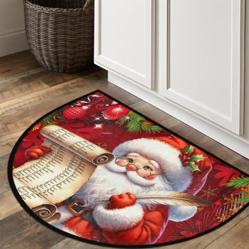 Image of cfpolar Christmas Santa Claus Holly Half Round Door Mat Outdoor Entrance Large 24 inchx36 inch Half Circle Welcome Entrance Way Mat Semi Circular Front Door Mat Area Rug for Garage, Patio, High Traffic Areas