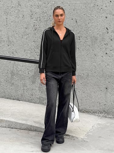 Fisoew Sweatjacke Damen mit Kapuze Zipper Hoodie Sportjacke Kapuzenpullover Sweatshirt.Schwarz XL