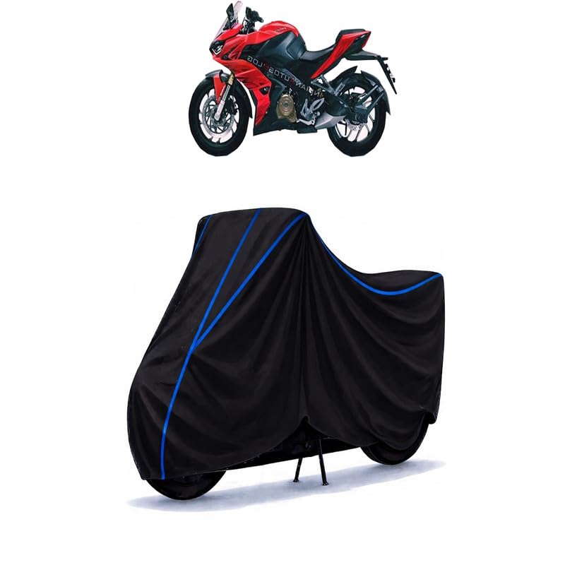 Image of Bajaj Pulsar SS 400 BS6 Bike Cover Water Resistant Universal Motorcycle Rain | Heavy Duty UV Protection, Dust, Scratch Indoor Outdoor All Weather with Black Blue Piping Elastic