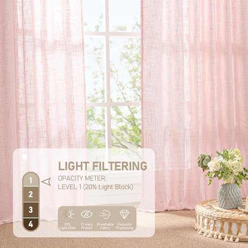 LAMIT Short Linen Curtains 30 Inch Length for Cafe, Semi Sheer Light Filtering Panels Back Tab and Rod Pocket Country Decor Drapes for Basement/Small Window, Pink, 2 Panels, 34 x 30 Inch