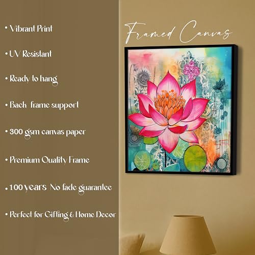Image of PAINTINGMANTRA Multicolor Abstract Stretched Canvas Framed Painting Wall Art for Living Room Bedroom Office Cafe - Pink Green Orange Lotus Abstract Framed Canvas Wall Decor Painting Frame (58x58 cm)