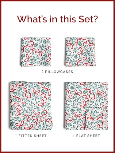 Queen Christmas Ribbon Sheet Set - Holiday Xmas Pattern Bedding Set - Deep Pockets - Snug Fit - 4 Piece - Wrinkle Free & Easy Care - Comfy Festive Winter - Holiday Sheets for Women, Men, Kids & Teens