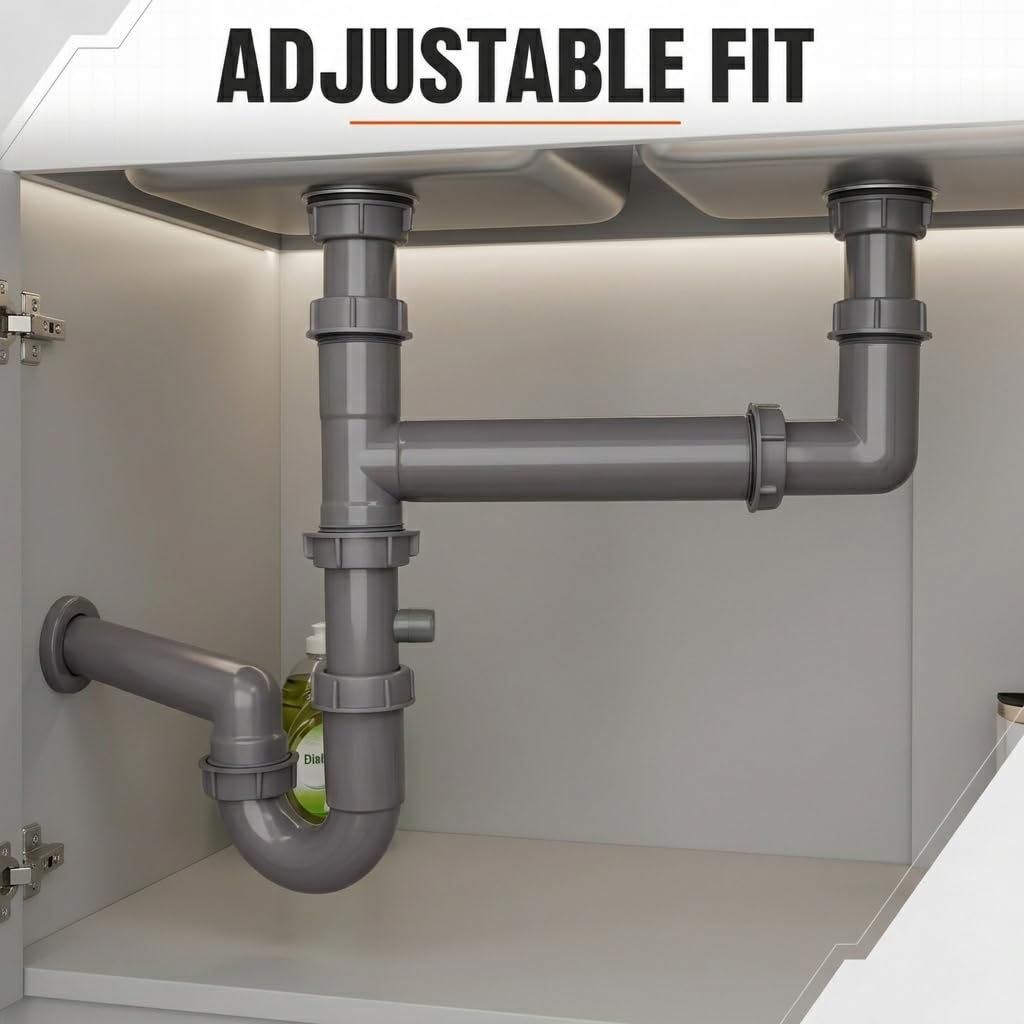 Kit di scarico doppio per lavello da cucina, 1-1,3 cm, con sifone a P | Design flessibile salvaspazio con montaggio senza attrezzi e tenuta affidabile a tenuta stagna