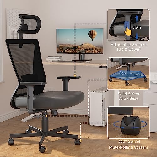Dripex Ergonomic Office Chair, Home Office Desk Chair, High-Back Computer Chair With Lumbar Support, Adjustable Headrest & Armrest, 90°-135° Reclining Chair, Rolling Swivel Mesh Chair, Black #TOP3