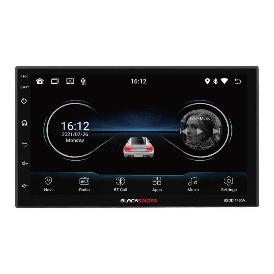 Main home screen of the Blackspider BSDD1460A showing navigation, radio, Bluetooth, apps, music, and settings icons