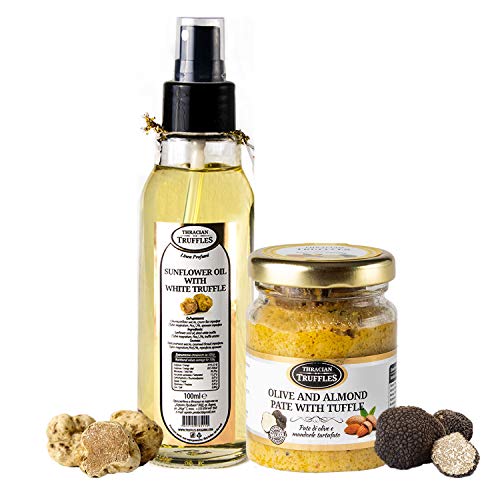 Aceite de girasol de trufa blanca con Tuber Magnatum Pico, 100ml SPRAY ideal para cocinar, servir, ensaladas y Aceitunas verdes y almendras con trufa negro de Tuber Aestivum Comida gourmet (90g)