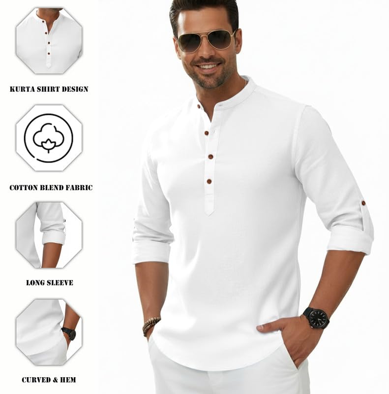 Image of Macsivo Men's Cotton Blend Solid Short Kurta with Regular Lenth Mandarin Neck Full Sleeves and roll-up tab| Kurta Style Shirt for Men