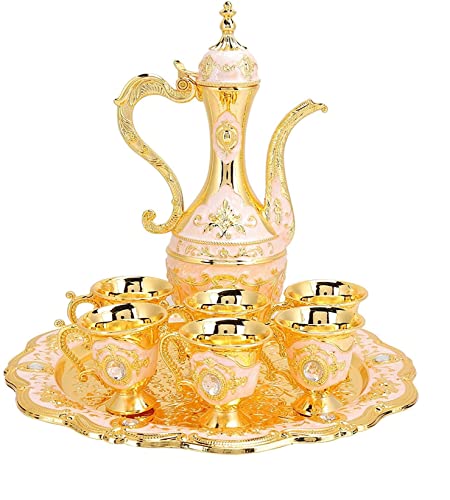 Thyggzjbs Vintage Turkish Coffee Pot Set For 6 Including Tray & Teapot Silver Inset With Crystal Stones(Pink) #TOP2