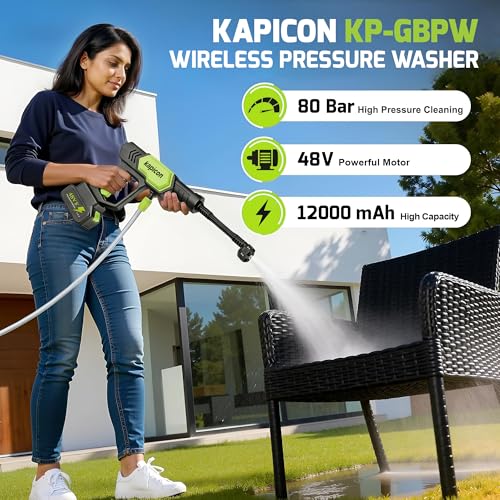 Image of Kapicon KP-GBPW Cordless Pressure Washer 48V 12000mAh | 80 Bar Portable Car Washer | Rechargeable Battery High Pressure Cleaner with Spray Gun for Car, Bike & Home Cleaning