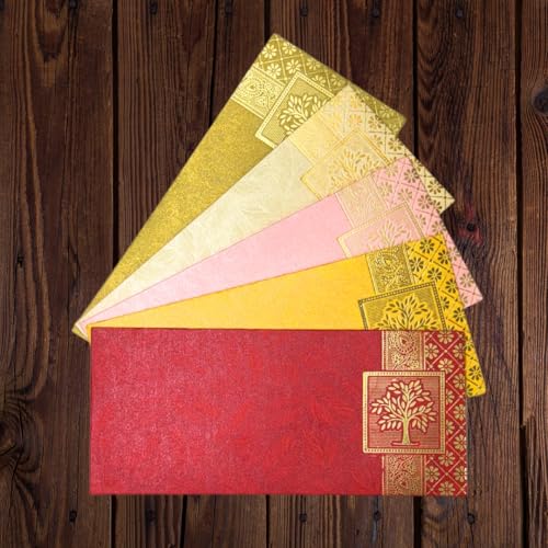 Image of Pack of 100, Rectangle Shape Metallic Paper Shagun Envelopes for Gifting Sagan Lifafa Wedding Occasion Cash Money, 18 X 8 cm, Multicolored 5 Colours of 20 Each - Gold Tree Design