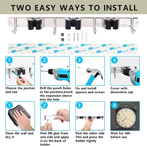 Broom Mop Holder Wall Mounted With 3 Racks 4 Hooks Heavy Duty Tools Hanger Garden Tool Organizer Garage Storage Rack Kitchen Utility Racks Home Hanger Closet Shed Basement #TOP5