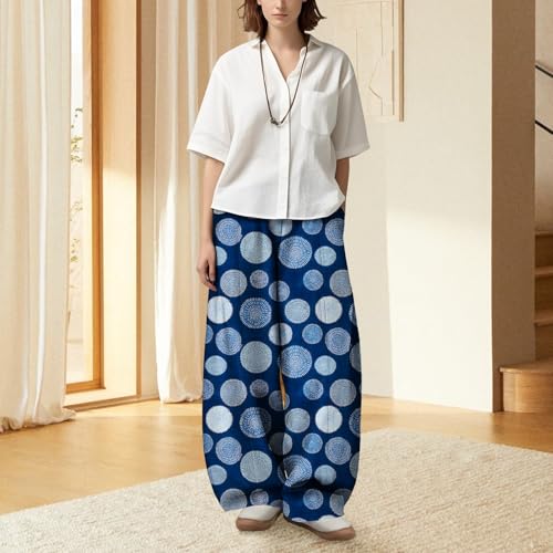 Womens Bohemian Wide Leg Pants High Waist Cotton Blend Summer Lounge Trousers with Pockets2