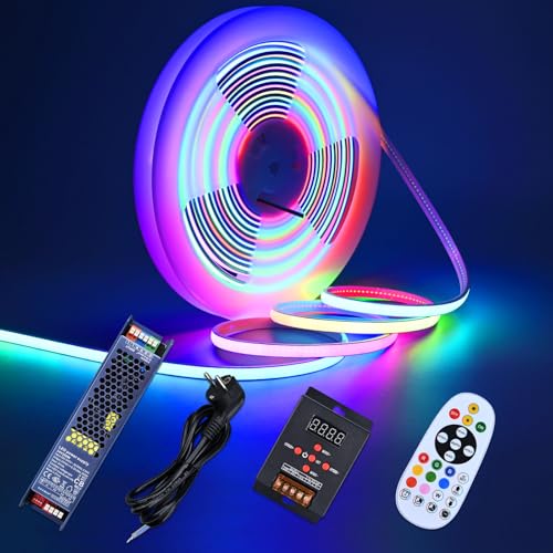 GOMING 24V 10M WS2811 RGB Neon COB LED Streifen IP67 Wasserdicht Adressierbar LED Strip mit Controller und Netzteil 576LEDs/M 16W/M Gleichmäßiges Leuchten Flexibel LED Band Selbstklebend für Heim Deko