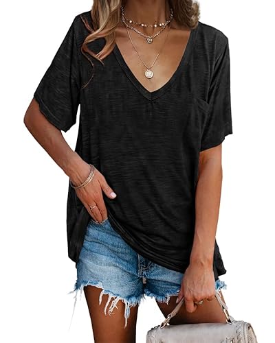 imesrun Womens V Neck Tshirts Short Sleeve Loose Casual Summer Tops with Pocket