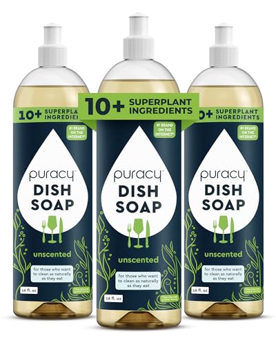 Image of Puracy Natural Dish Soap Packs- Unscented Skin-Softening Plant-Based Dishwashing Soap, Non-Toxic Dish Soap, Fragance Free Organic Liquid Dishwashing Detergent Soap (Unscented, 16 fl oz, 3 Pack)