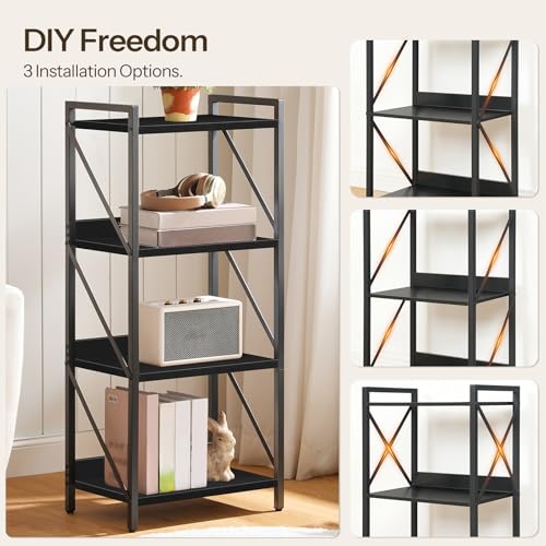 Image of HOOBRO Bookshelf, 4-Tier Industrial Bookcase, Book Shelf Storage Organizer, Small Bookshelf with Metal Frame for Living Room, Bedroom, Home Office, Kitchen, Black BB40SJ01