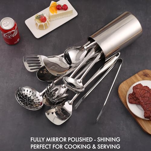 18/10 Stainless Steel Kitchen Utensils Set with Holder - 15″ Spatula Spoon Set with Storage Organizer for Countertop, Fork, Tongs, Spatula, Ladle, Skimmer, Solid Turner, Spaghetti, Large Spoon Set - Image 7
