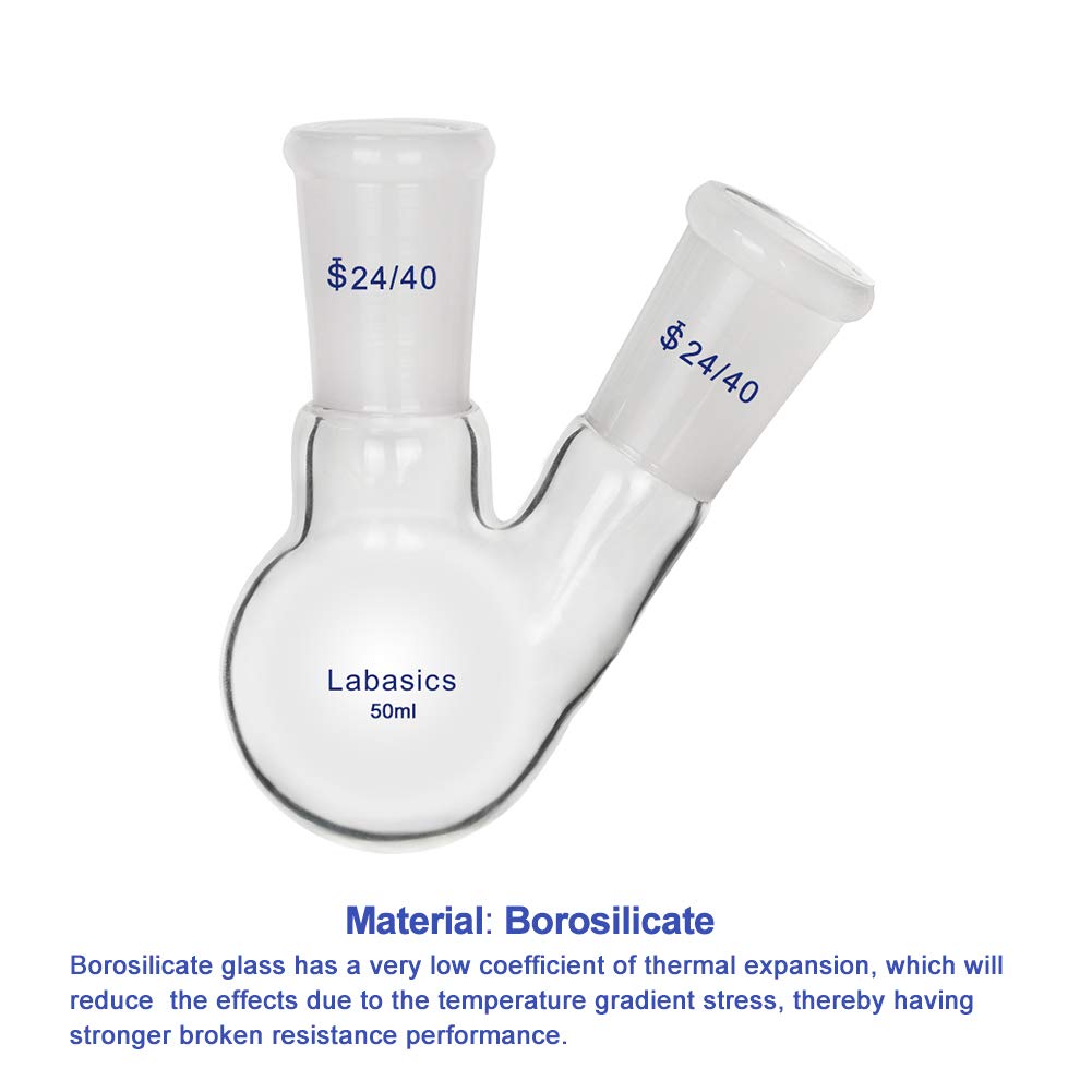 Labasics Vidrio 50ml RBF Matraz de Fondo Redondo con 2 Cuellos de Ángulos, 2 Neck Round Bottom Flask con Junta Exterior 24/40 Central y Lateral Estándar - 50ml