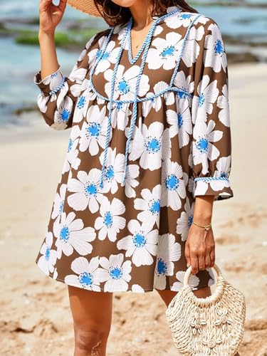 Image of Cicy Bell Womens Floral Mini Dresses 3 /4 Balloon Sleeve V Neck Flowy Babydoll Dress Summer Beach Vacation Boho Outfits