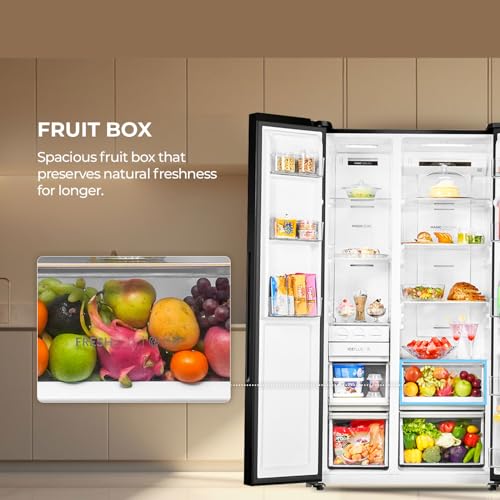 Image of Haier 602L 3Star 2 Door Premium Glass Side by Side Frost Free Refrigerator|100% Convertible|Wi-Fi|Expert Inverter Technology|Digital Display Panel|Triple Twist Ice Maker (HRS-682KGU1, Black Glass)