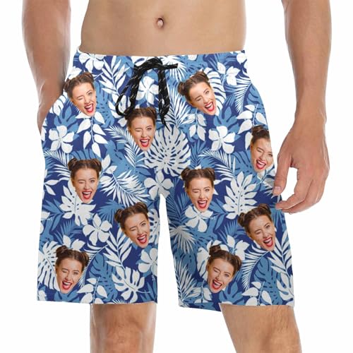 Personalized Face Mens Swim Trunks Tropical Print Customized Swimming Shorts Bathing Suit Custom Picture Gift for Men