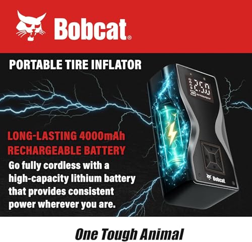 Image of Bobcat Tire Inflator Portable Air Compressor 4000 mAh - 150 PSI - Fast Inflation Cordless Air Pump for Car Tires with Digital Pressure Gauge - Portable Air Pump for Car, Motorcycles, Bikes & Balls