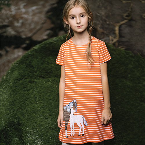Youlebao Girls Cotton Long Sleeve Casual Cartoon Appliques Striped Jersey Dresses - Image 8