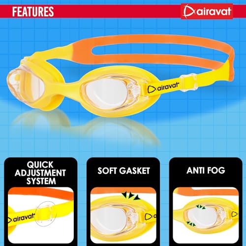 Image of AIRAVAT Hydro 0027 Swimming kit, Swimming Set With Swimming Goggle Nose & Ear Plug And Swim Cap | Optic Quality Poly carbonate Lenses, 100% UV Protection Anti-fog Coated, Ultra Durable (Yellow)