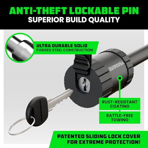 Image of Rhino USA 2 inch Trailer Hitch Pin - Patented Locking Receiver Pin for Class III /IV Hitches - Weatherproof, Anti-Theft, Debris-Protected - Tow Truck Ready - BLK 2PK Keyed-Alike
