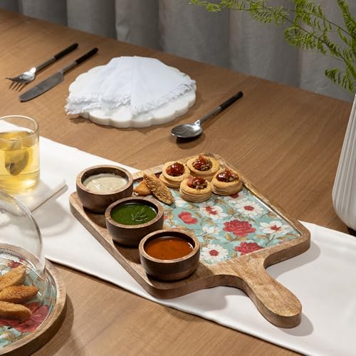 Image of Handcrafted Mango Wood Serving Platter with 3 Dip Bowls | Traditional Jamawar Kashmiri Print | Waterproof, Heat-Resistant, Food-Safe Lacquer Finish | 15.5 x 10 Inch | Made in India (3Katori-AquaRed)