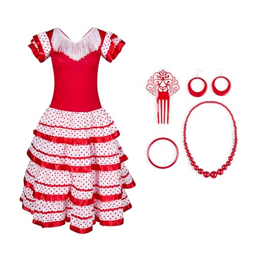 JORXG Vestido Sevillanas Mujer Accesorio Peineta Collar Pulsera Pendientes, Vestido Flamenco Español Tradicional para Mujer, Traje Flamenca Feria Abril Sevilla Actuaciones Baile (XL, Rojo Blanco)