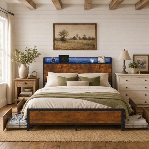 Image of Garvee Full Bed Frame with Storage Wood Headboard, Metal Platform Bed with 4 Storage Drawers & Shelf, Built in Charging Station & LED Lights, No Box Spring Needed, Vintage Brown