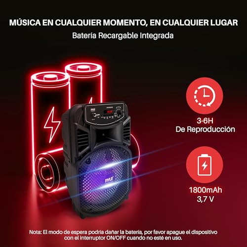 Pyle Sistema de Altavoces, PA, 300W, Bluetooth, portatil, Recargable, Exteriores, subwoofer de 8”, Tweeter de 1”, función de grabación, micrófono, Luces de Fiesta, Radio USB/SD, Color Negro - imagen 5