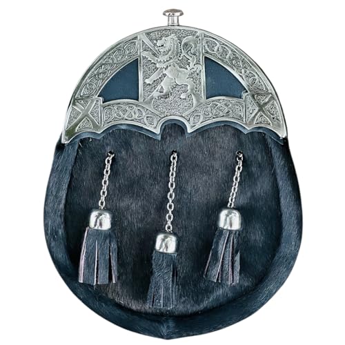 Black Antique Lion Rampant Cantle Black Fur Sporran with 3 Chain Matching Fur Tassels Scottisn Men Kilt Full Dress Formal Sporrans Handmade Real Leather Kilt Set Sporran