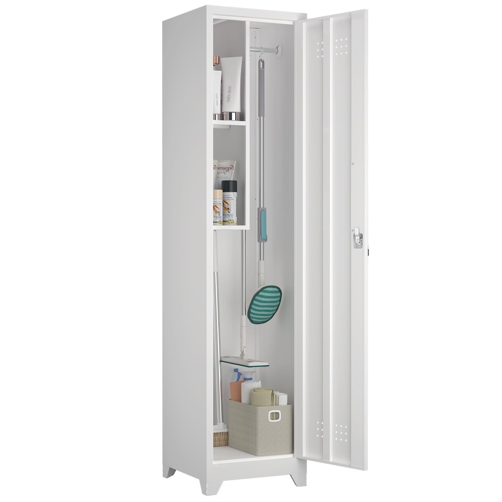 Slim Broom Storage Cabinets, Metal Cabinet with Shelves and Hanging Rod, 15.75" W Utility Storage Cabinet with Locking Door, Tall Cleaning Cabinets for Kitchen, Pantry, Office, Shop, Garage
